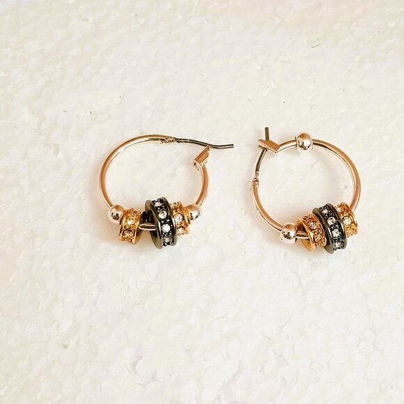 Nine West Tri Tone Hoop Earrings Slider Beads with Rhinestones - Picture 5 of 9